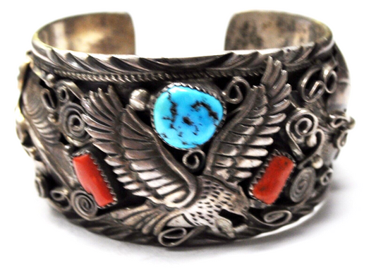 Sterling Silver Allen Chee Turquoise Coral Cuff Bracelet 38mm 6-1/2" Wrist