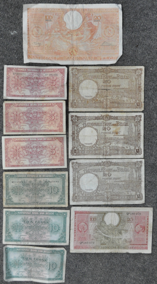 Lot of 11 Vintage Belgium Notes 5 10 20 & 100 Francs WWII