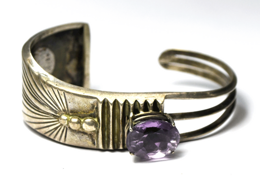 Sterling RM Purple Amethyst Sunburst Stripe Cuff Bracelet 6-1/2" Wrist 28mm