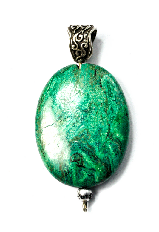 Sterling Silver Blue Green Chrysocolla Oval Pendant No Bezel Ornate Bail 2.25"