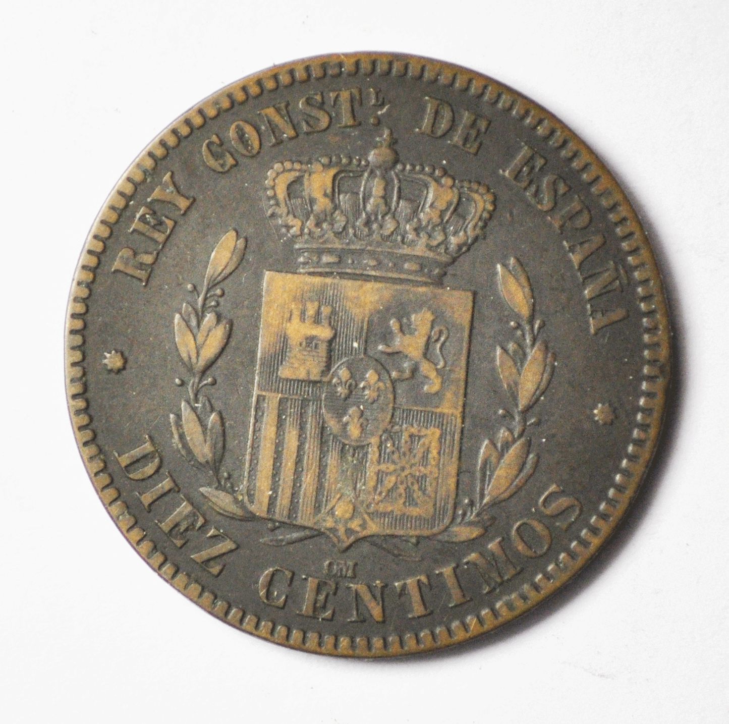 1879 OM Spain 10 Centimos Bronze Coin KM# 675