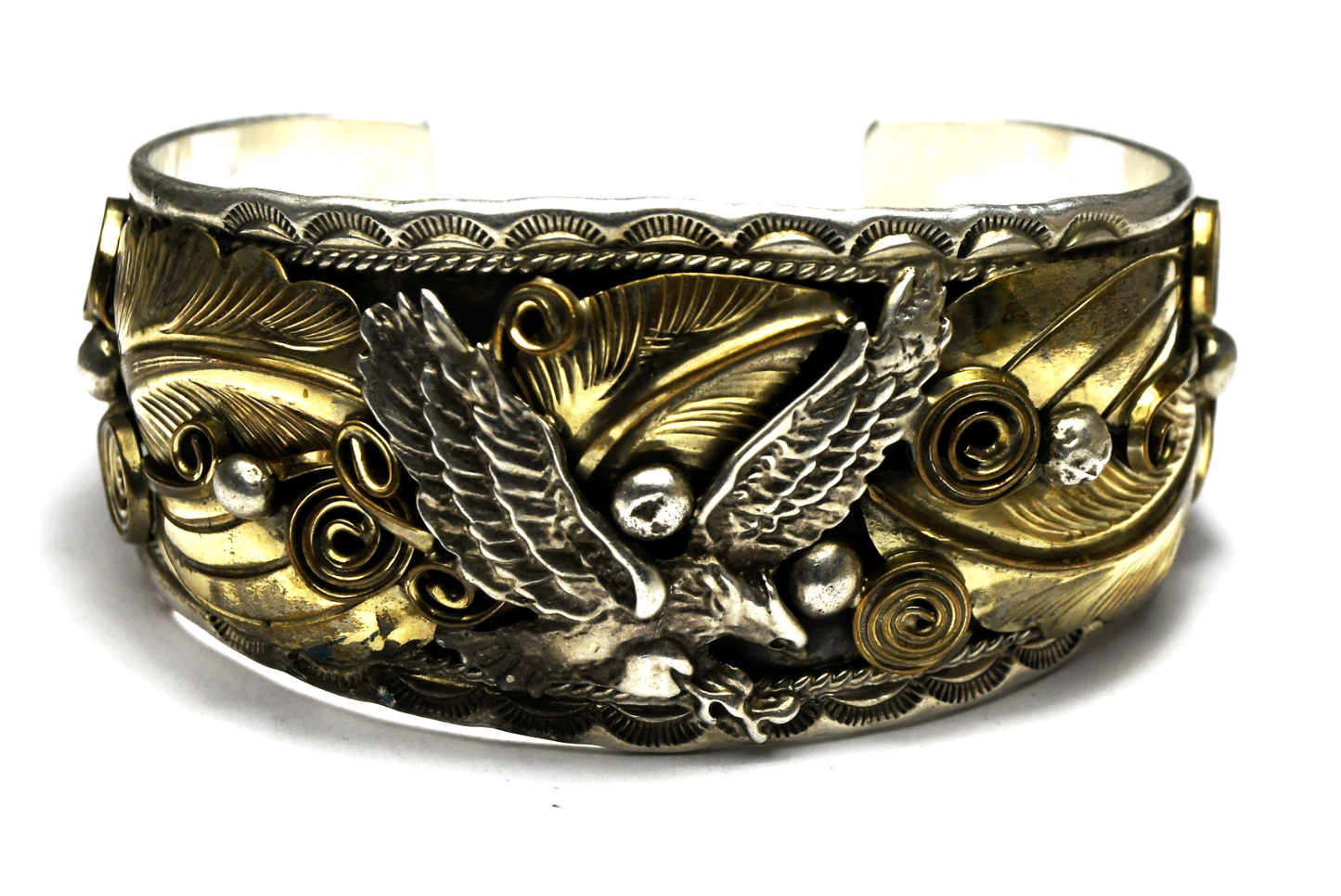 Sterling Silver Allen Chee Eagle Vermeil Floral Cuff Bracelet 39mm 8" Wrist