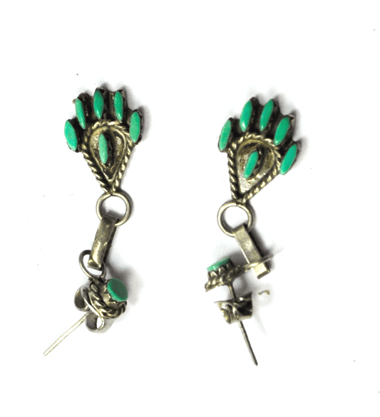 Sterling Needle Point Turquoise Bear Claw Dangle Drop Earring Antique 10mm 1.25"