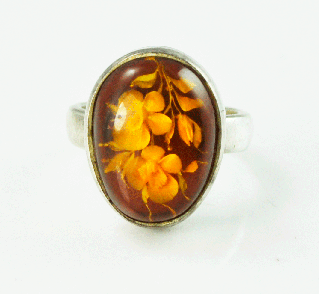 Sterling Floating Flowers Encased Solitaire Cocktail Ring 20mm Oval Sz 7.5