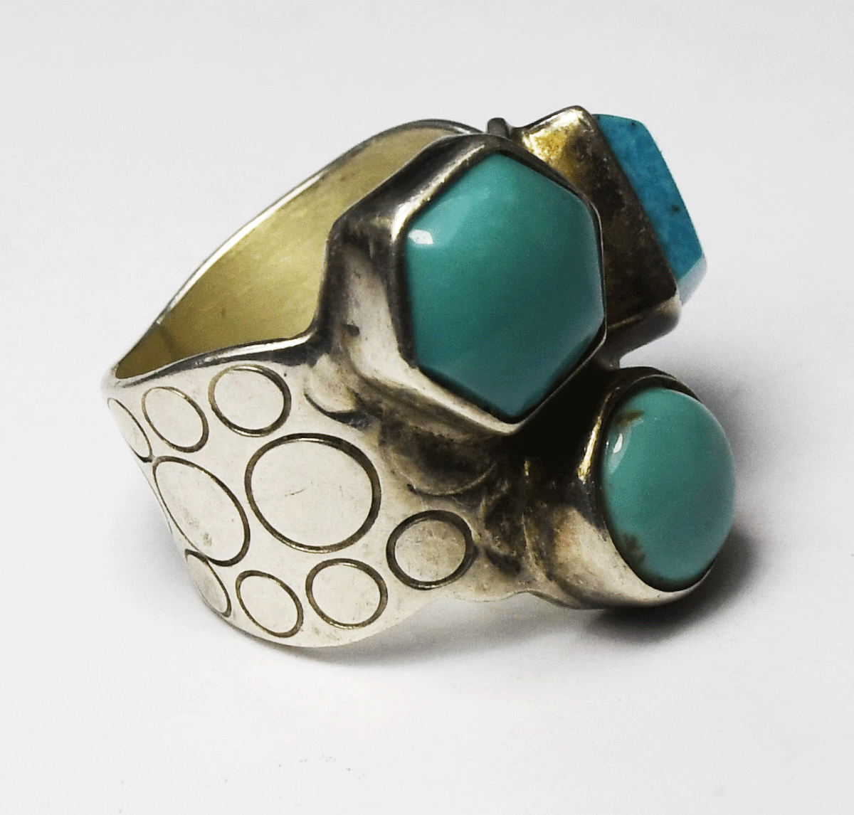 Sterling Desert Rose Geometric Triple Turquoise Ring 20mm Size 7 Circle Band