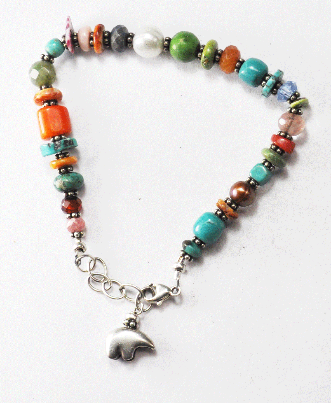 Sterling Silver Bear Charm Bead Multi Rainbow Stone Wire Bracelet 8" 7mm