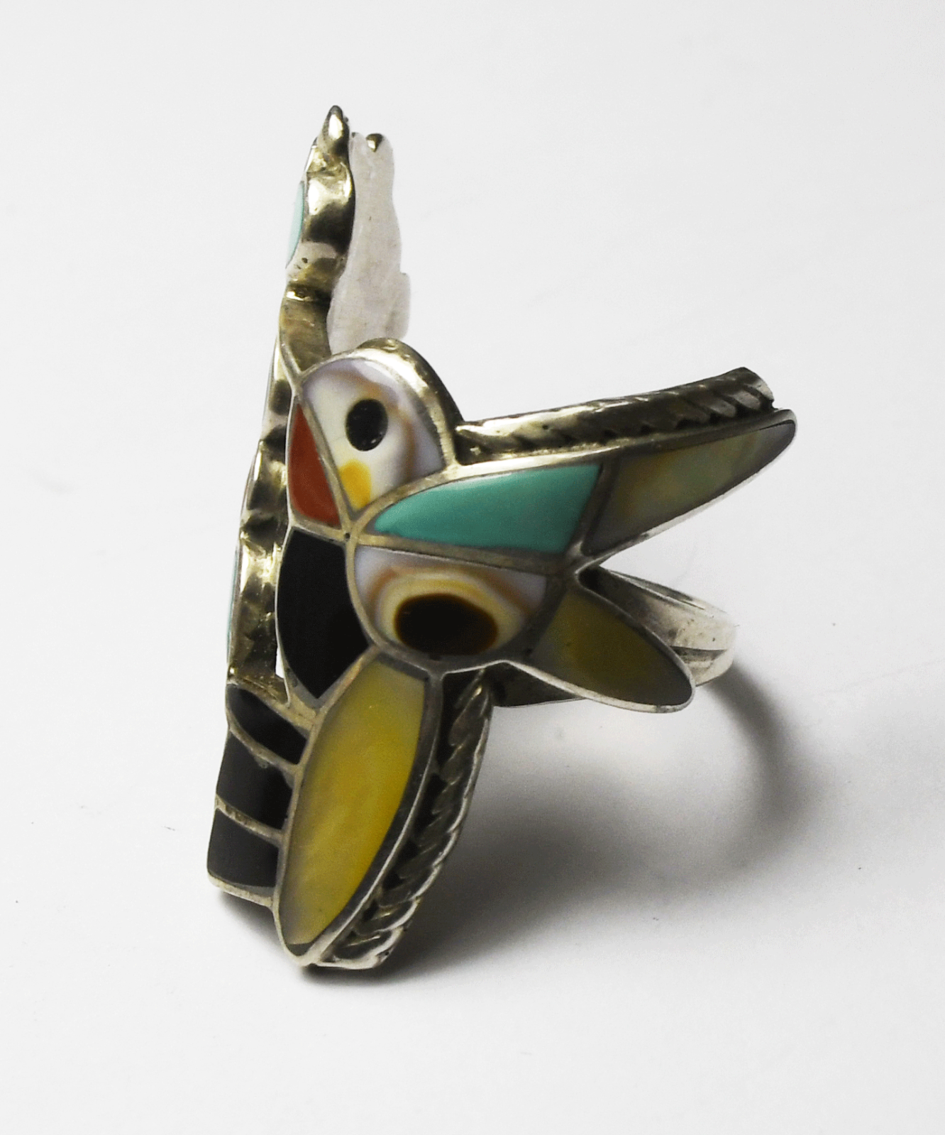 Sterling Silver Hummingbird Inlay Turquoise Coral MOP Ring 36mm Size 6-1/2