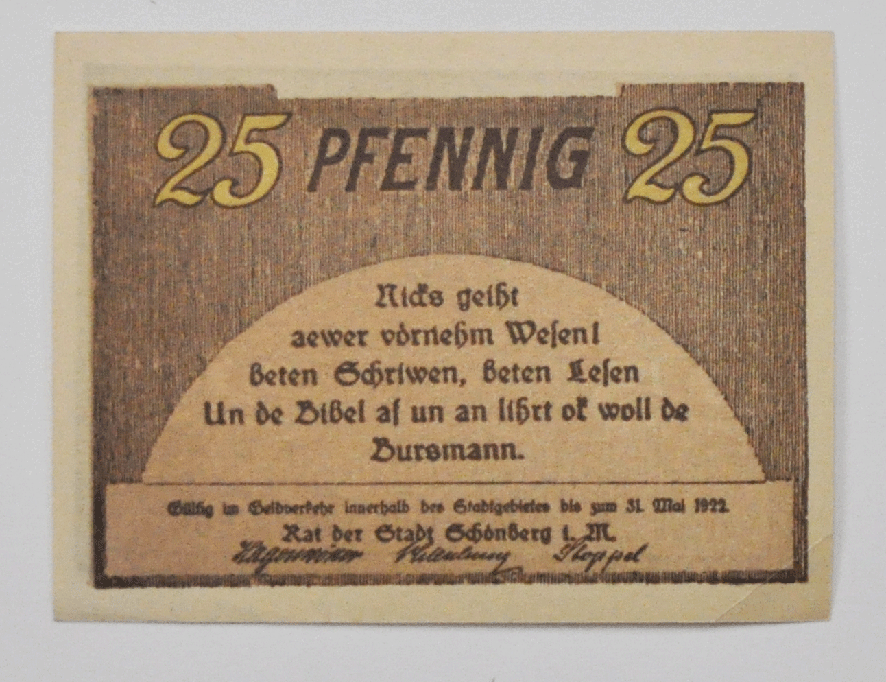 1922 Germany Schoenberg Ratzeburg 25 Pfennig Notgeld Note Uncirculated