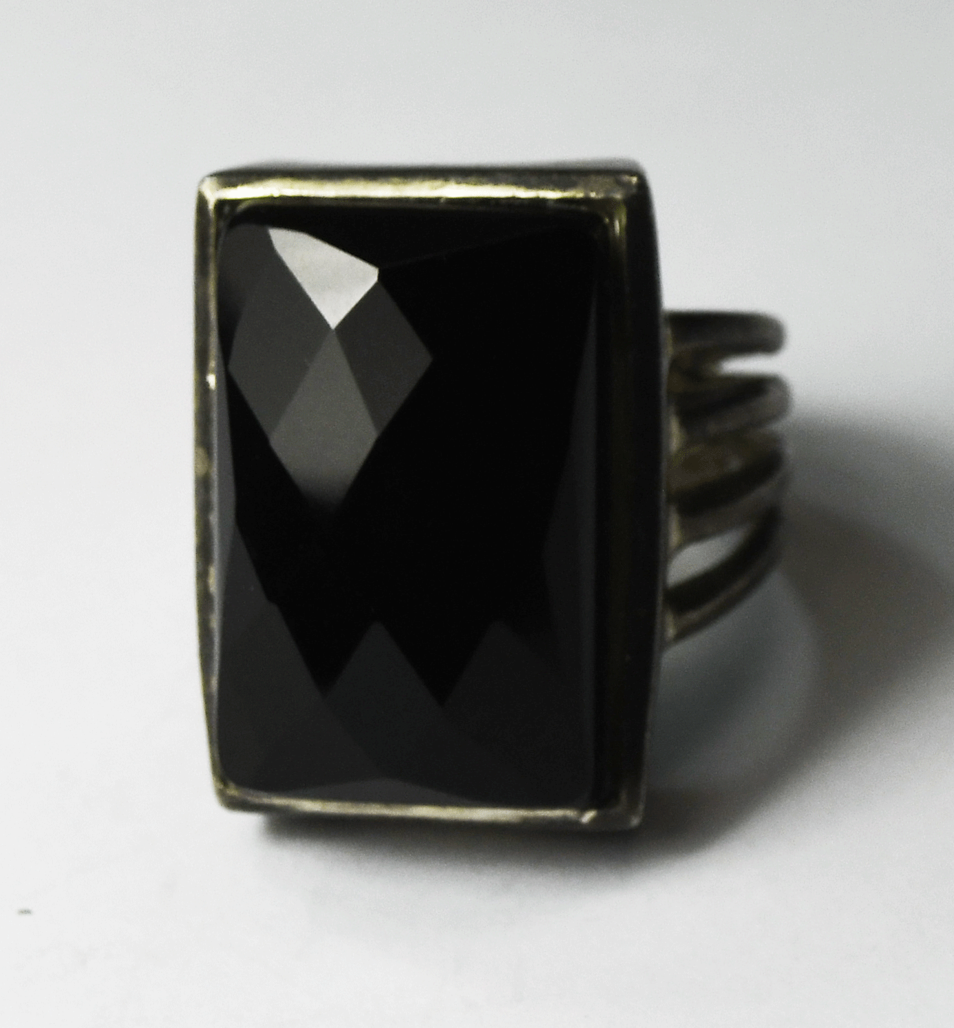 Sterling Silver AS Israel Faceted Black Onyx Rectangle Ring 23mm Size 8-1/4