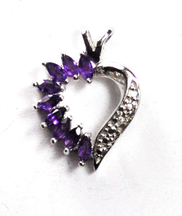 Sterling Silver Purple Amethyst Diamond Heart 16mm x 22mm Pendant 2mm Bale