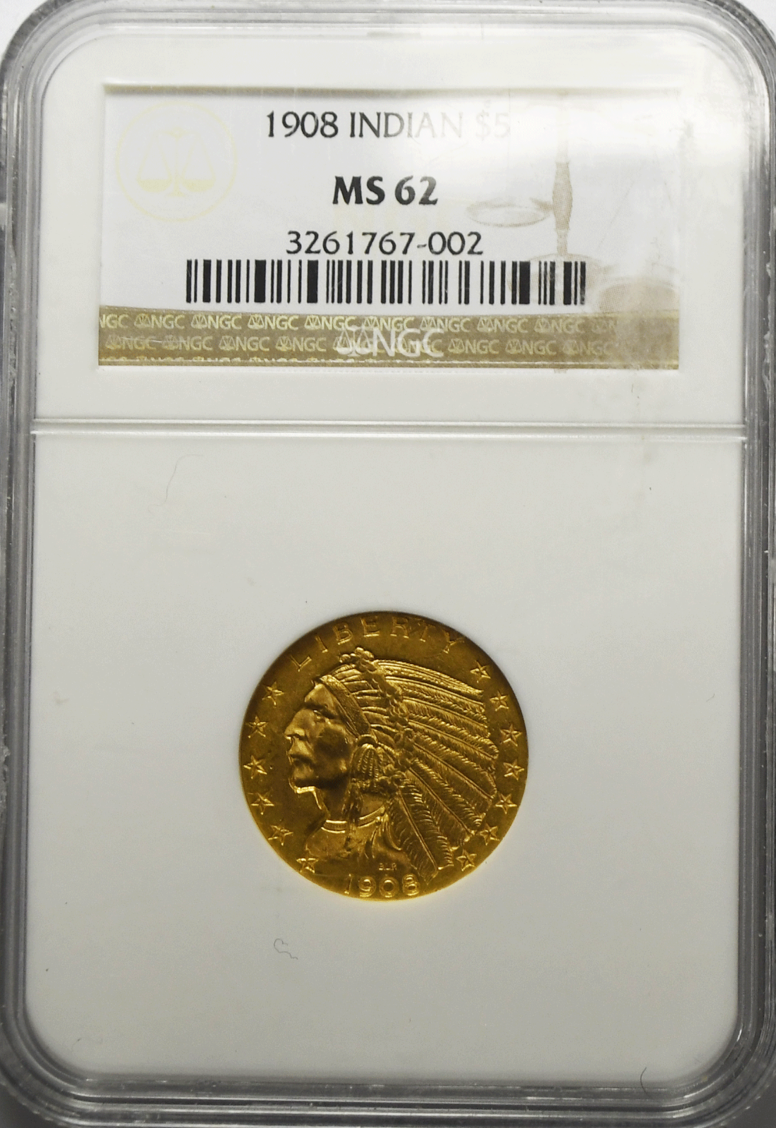 1908 $5 Indian Head Quarter Eagle Gold Philadelphia NGC MS62 Uncirculated