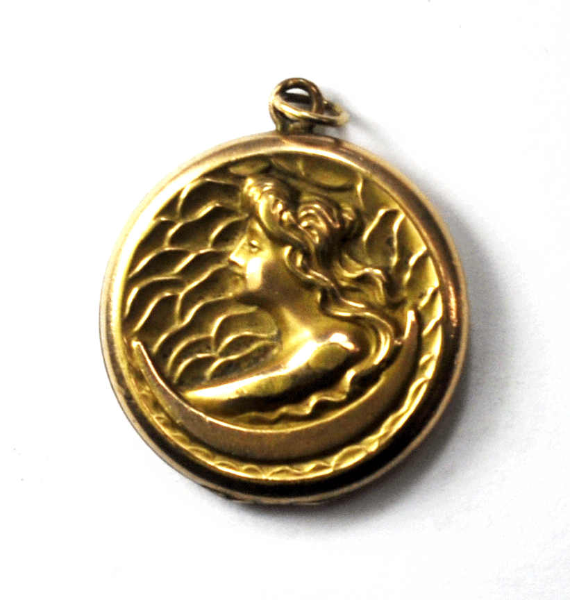 Vintage Gold Filled B&B Ornate Lady Waves Liberty Round Pendant Fob 29mm