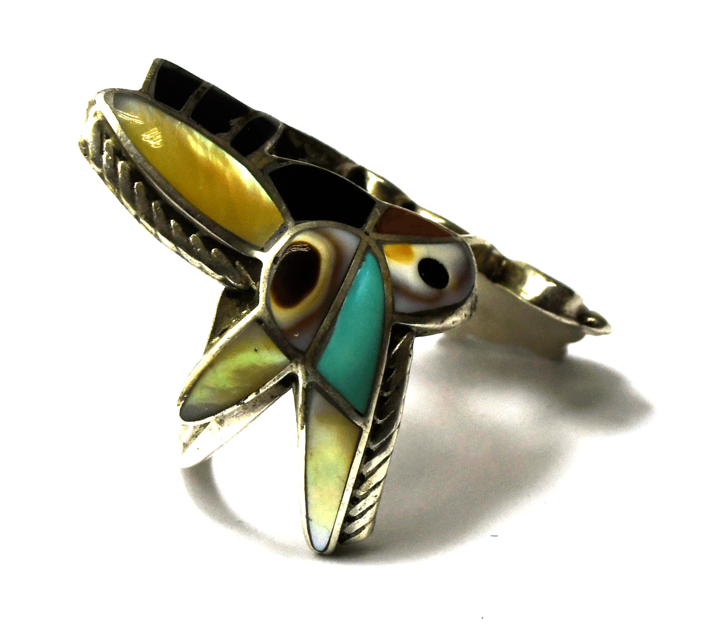 Sterling Silver Hummingbird Inlay Turquoise Coral MOP Ring 36mm Size 6-1/2