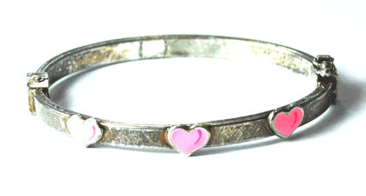 Sterling 3 Pink Enamel Heart Small Child's Bangle Bracelet 5mm 5-1/8" Wrist