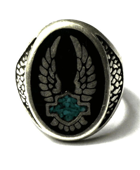 Sterling Black Enamel Turquoise Chip Inlay Harley Biker Ring 25mm Band Size 11