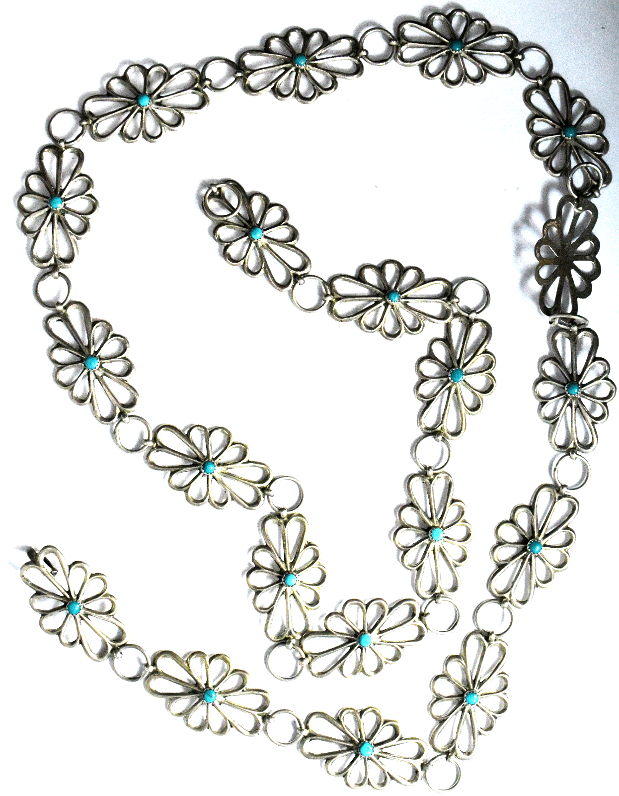 Sterling Concho Sandcast Turquoise Dot Filigree Belt Long Necklace 22mm 35.5"