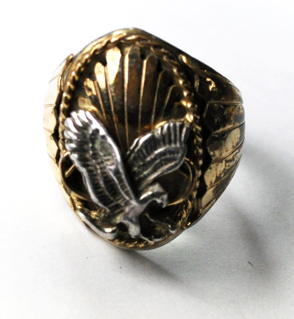 Sterling Silver & Gold Filled Signed TF Eagle 27mm Ring Size 9 Sand Cast 25.6g