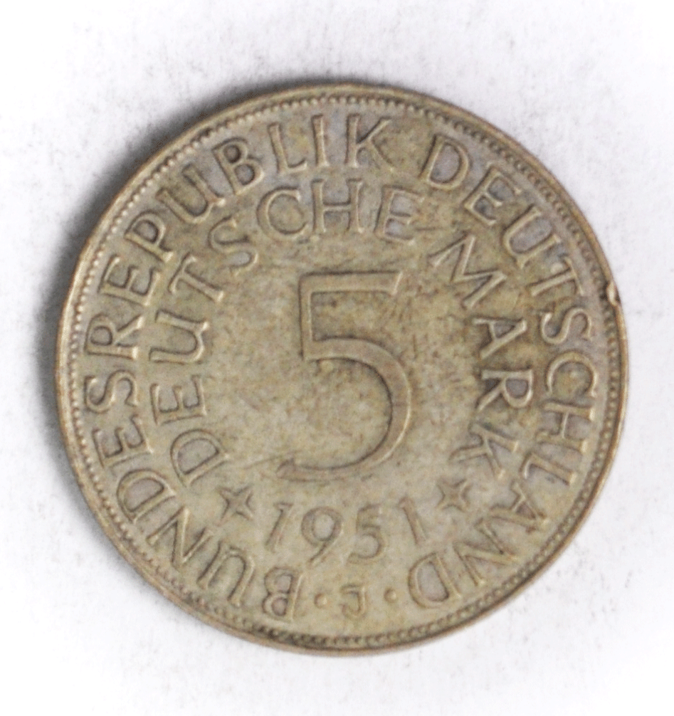 1951 J Germany - Federal Republic 5 Five Mark Silver Coin KM# 112.1