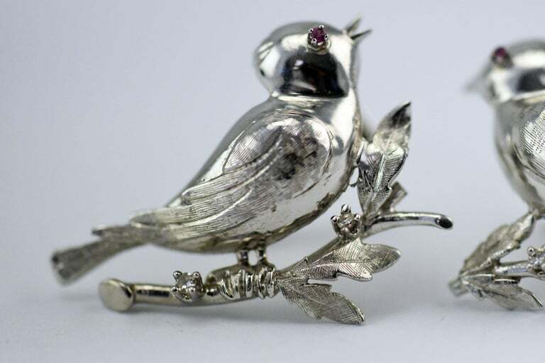 Vintage 4 Diamond 14 Karat White Gold Birds with Ruby Eyes Mens Cufflinks Large