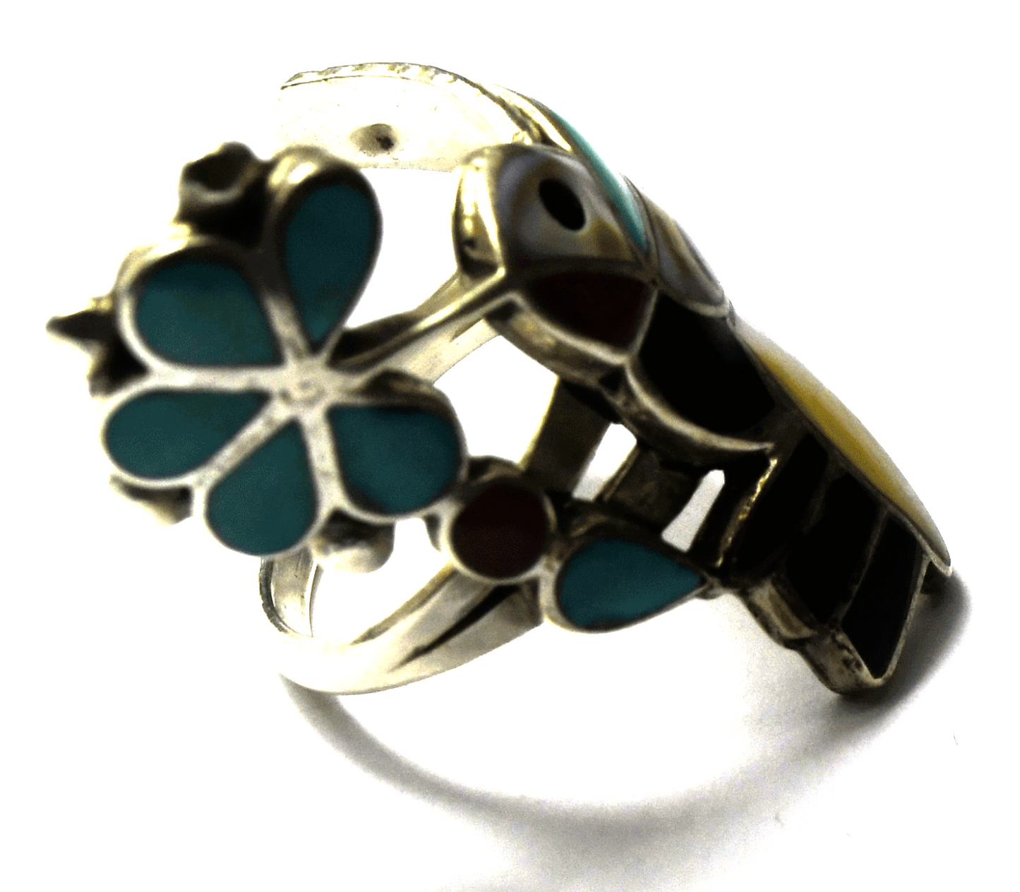 Sterling Silver Hummingbird Inlay Turquoise Coral MOP Ring 36mm Size 6-1/2