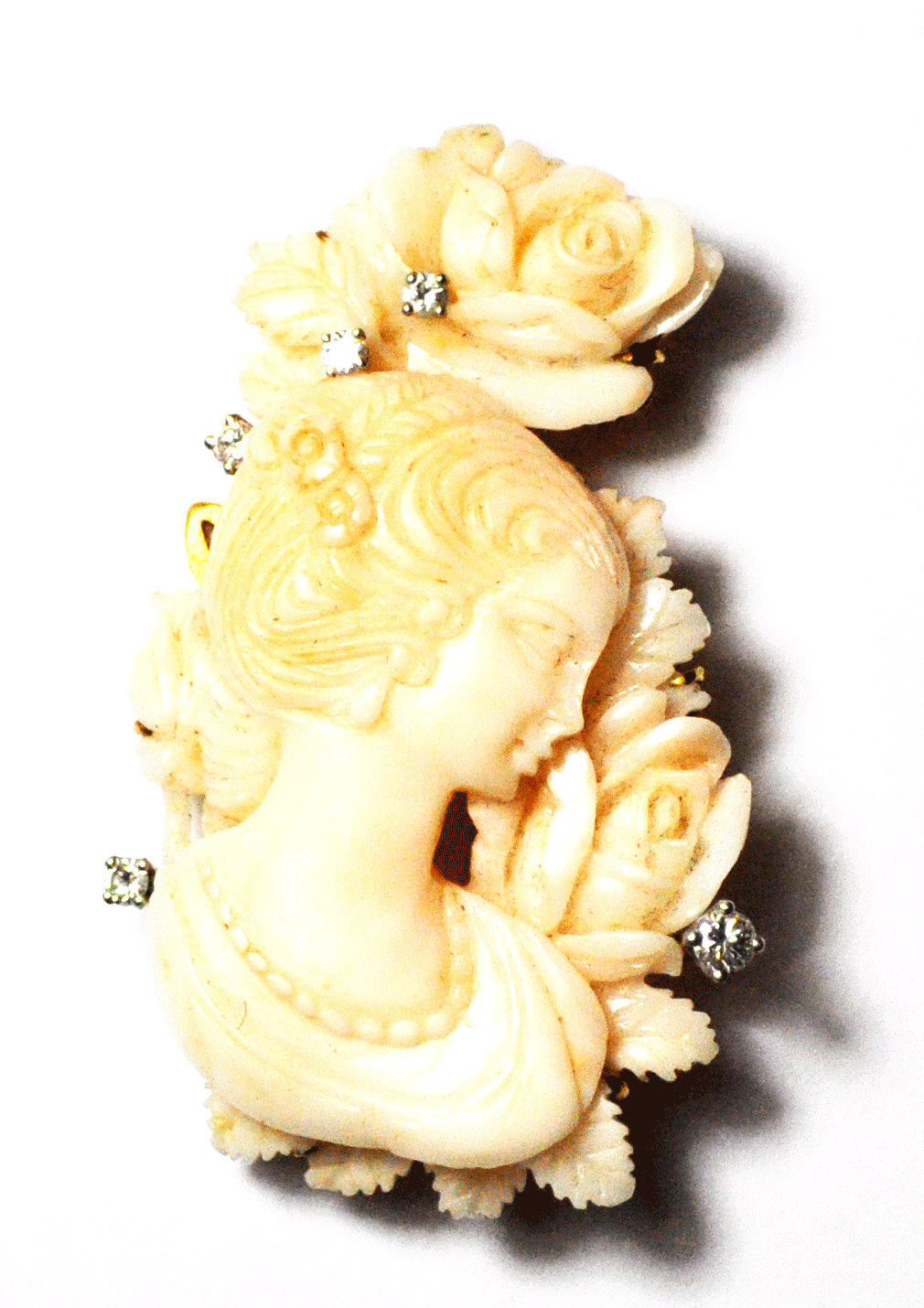 Antique Rose Art Carved Lady Coral .35tcw Diamond Brooch Pin 2-3/8" 14k Gold