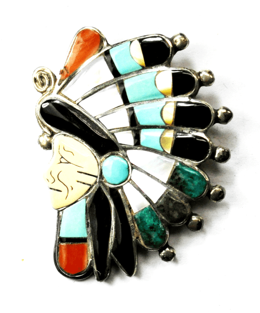 Sterling Chief Headress Inlay Brooch Pin 2" x 1-1/2" Turquoise Mop Onyx Coral