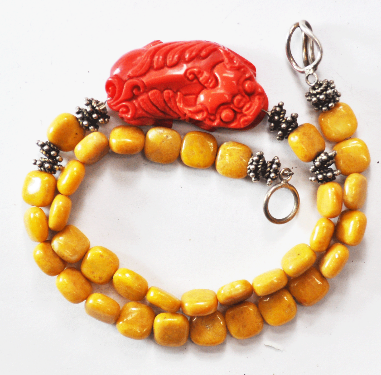 Sterling 10mm Amber Bead 18.25" Necklace Carved Coral Dragon Pendant 25mmX42mm