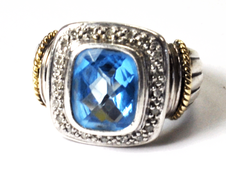 Sterling Silver 14k Sadye L Vassil Blue Topaz Diamond Halo Ring 17mm Size 7-1/2