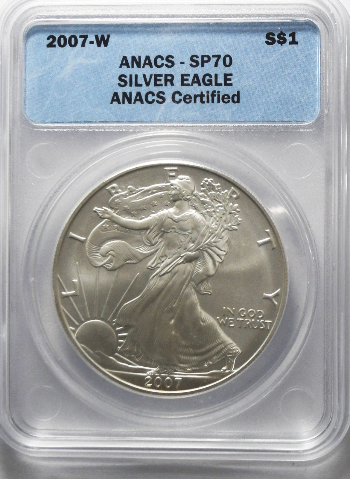 2007 W $1 American Silver Eagle .999 Fine Silver One Ounce ANACS SP70 Burnished