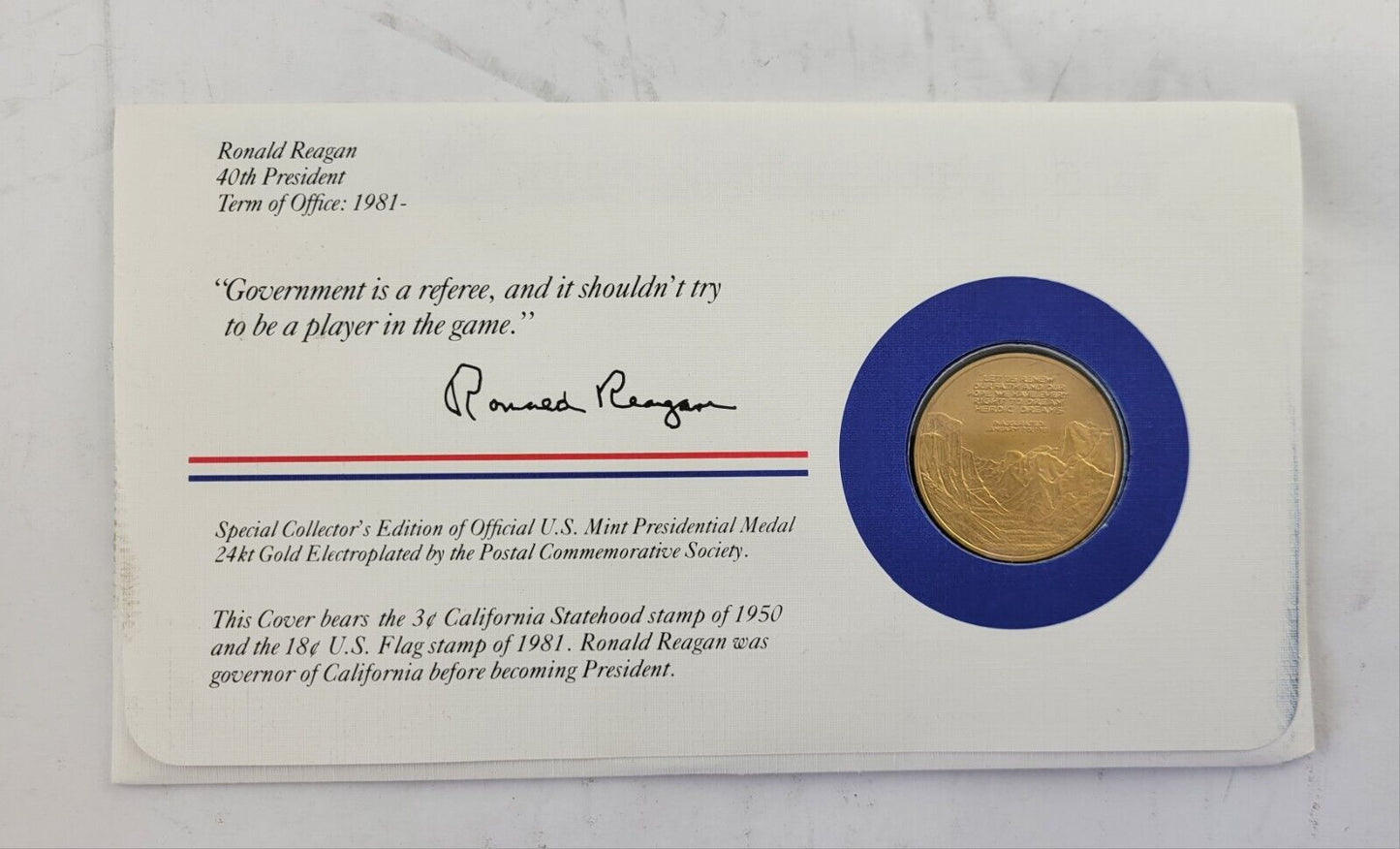 Ronald Reagan Presidential Covers Medal Postal Commemorative Society Gold Plated