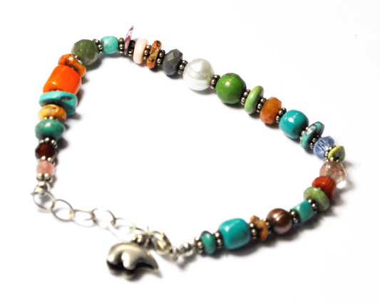 Sterling Silver Bear Charm Bead Multi Rainbow Stone Wire Bracelet 8" 7mm