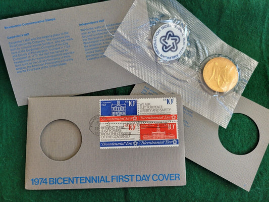 1974 Bicentennial First Day Cover Commemorative Medal Coin & Stamps John Adams