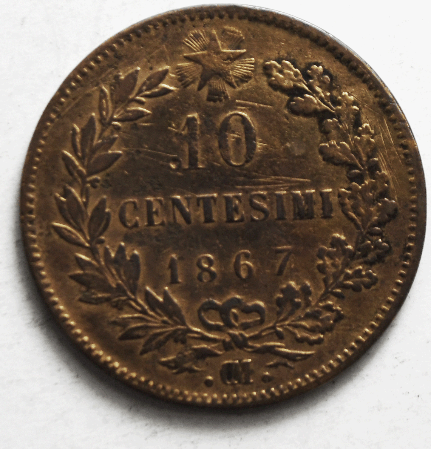 1867 OM Italy 10 Ten Centesimi Copper Coin KM# 11.5