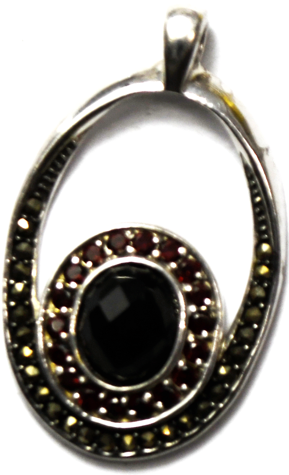 Sterling Faceted Black Onyx Garnet Marcasite Halo Pendant 38mm x 23mm