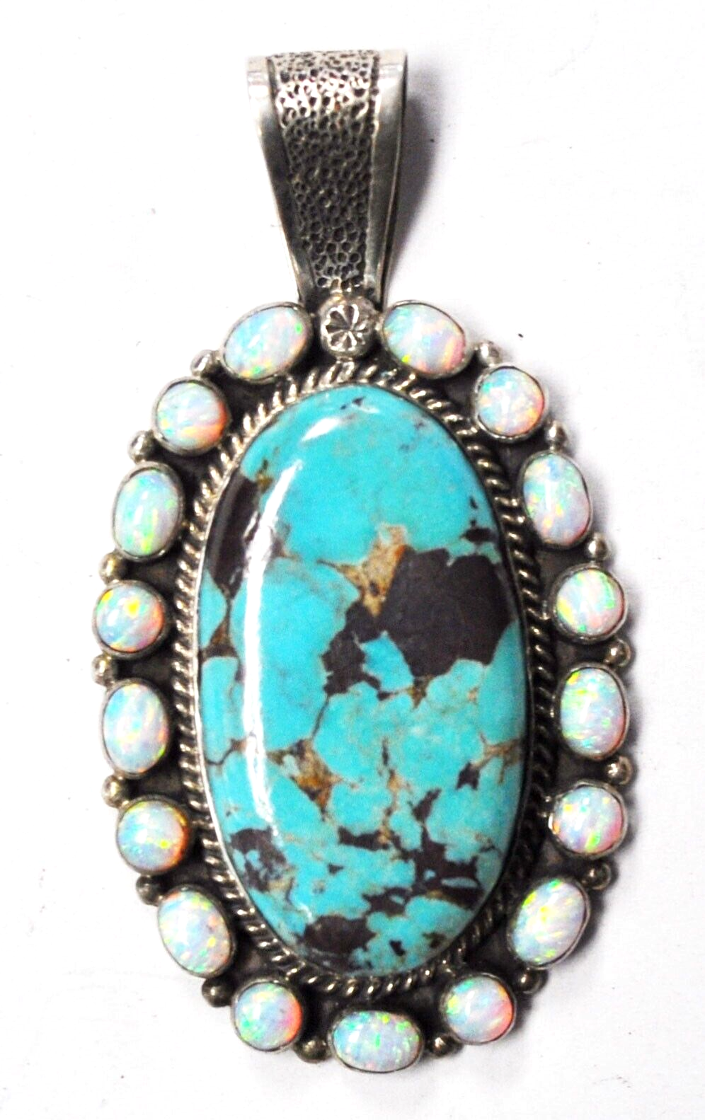 Sterling Silver LM Signed Large Turquoise Pendant Opal Halo 68mm x 36mm