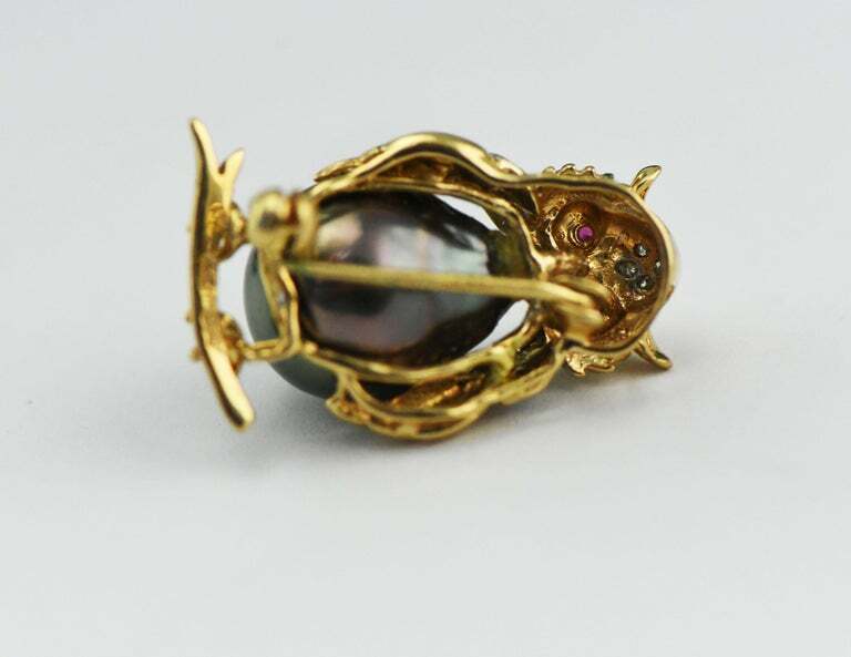 14kt Yellow Gold Ruby Eyed Owl Pin with Tahitian South Sea Pearl & Diamonds