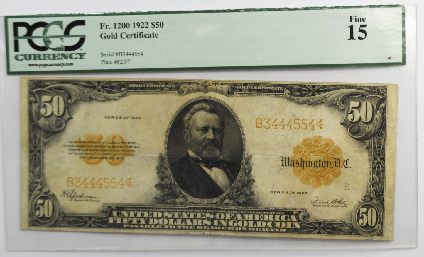 1922 $50 Fifty Dollars Gold Certificate Large Note FR#1200 B3444554 PCGS F15