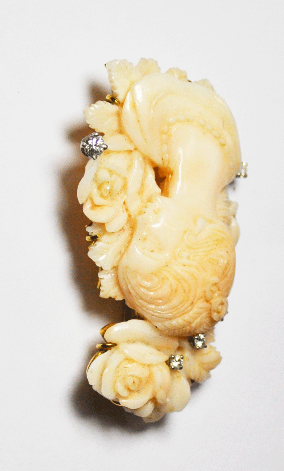 Antique Rose Art Carved Lady Coral .35tcw Diamond Brooch Pin 2-3/8" 14k Gold