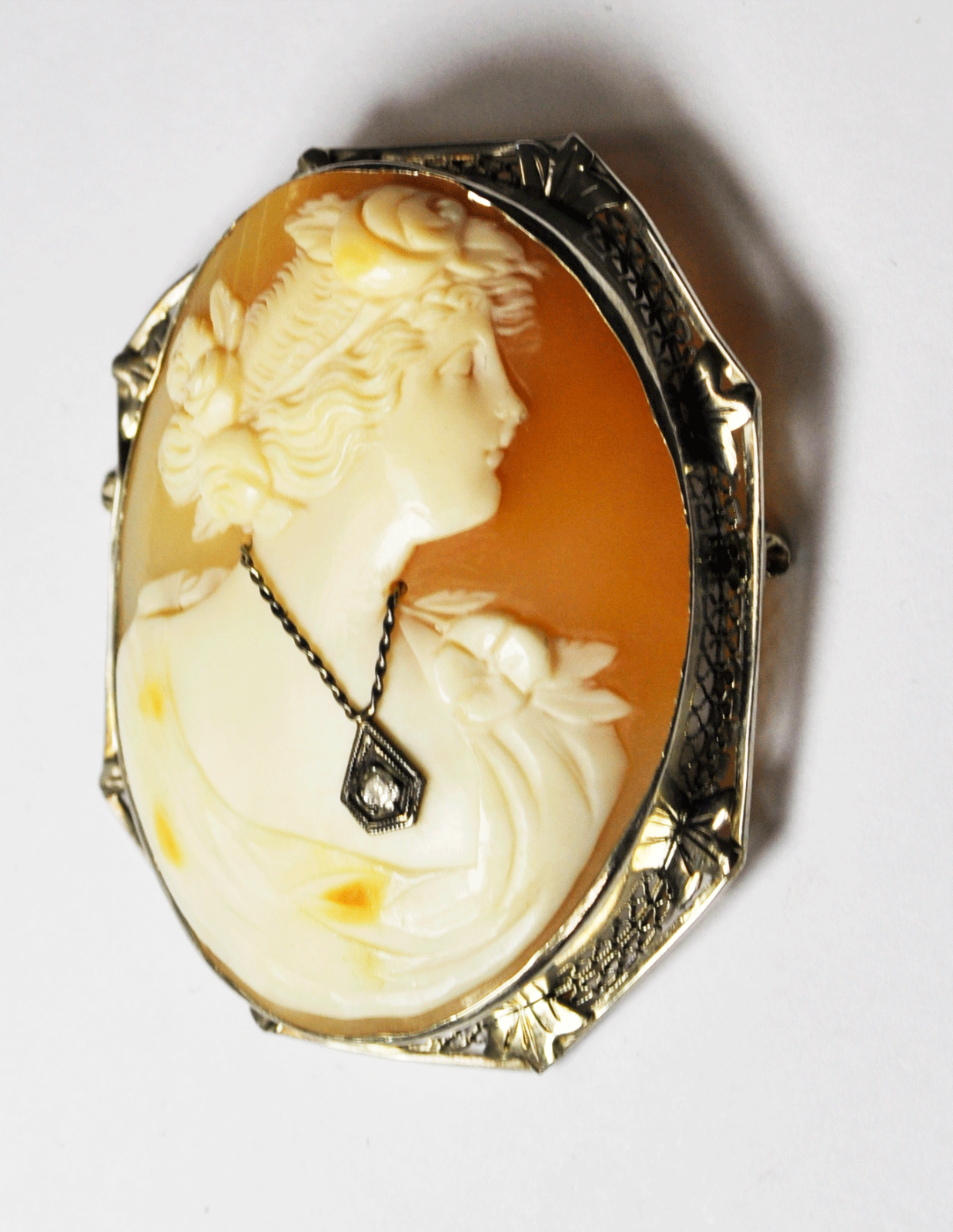 Antique Cameo 14kwg Filigree Brooch Bust Diamond Pendant Pin 48mm X 39mm Large