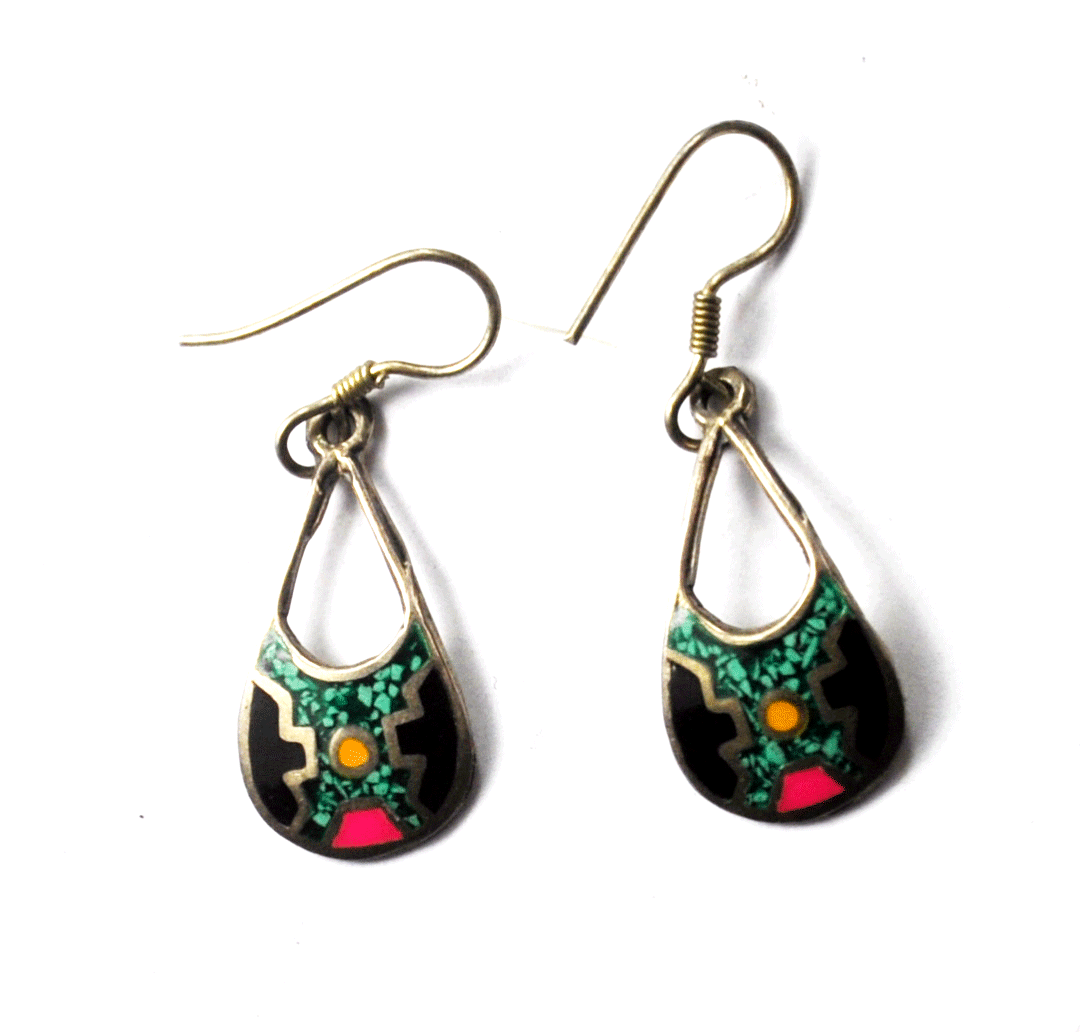 Sterling Mexico Chip Inlay Turquoise Enamle Teardrop Dangle Earrings 1-1/4" 11m