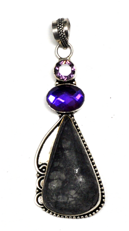 Sterling Silver Black Grey Purple Teardrop 3" x 27mm Pendant 8mm Bale