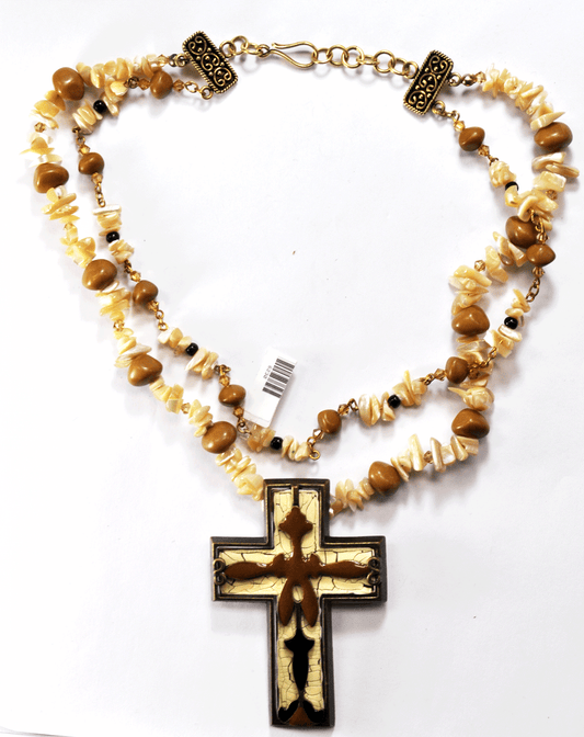 Sterling Gold Plated MOP Jasper 12mm Bead Necklace 3-1/8" Bronze Enamel Cross