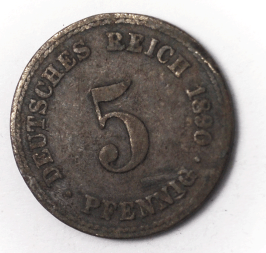 1890 A Germany Empire 5 Five Pfennig Copper Nickel Coin KM#11