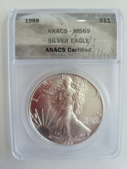 1988 American Silver Eagle ANACS MS69 Silver Dollar .999 Fine Silver