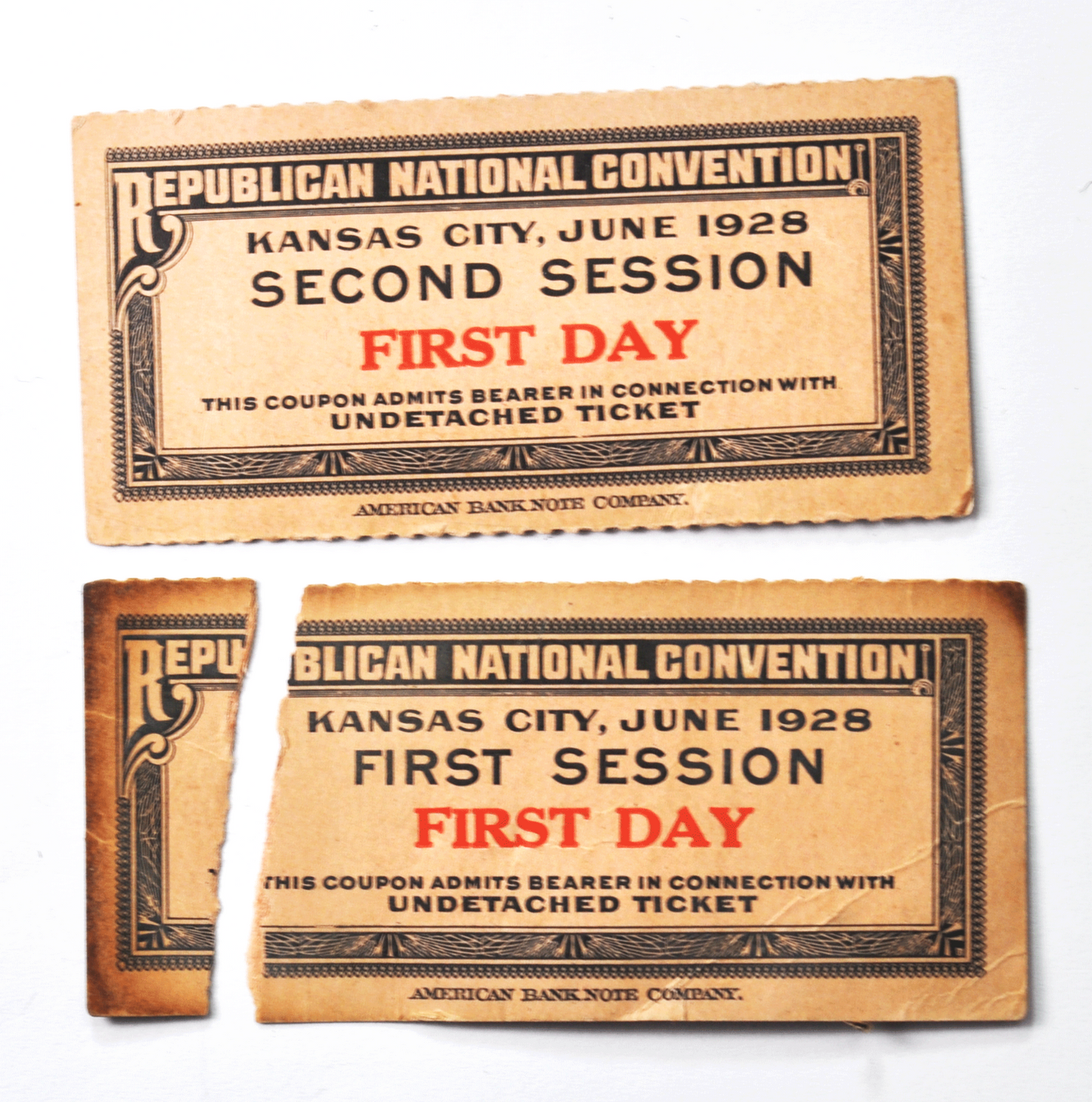 2 June 1928 Republican National Convention First Day First Session Ticket Pair