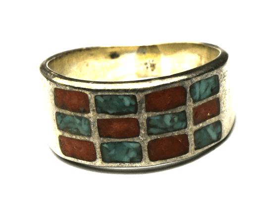 Sterling Signed Silver Bear Turquoise Coral Chip Inlay Ring 10mm Band Size 8