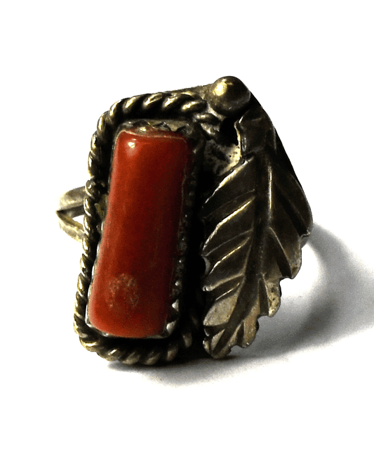 Sterling Silver Antique Red Coral Floral Leaf Ring mm Size 5-1/2