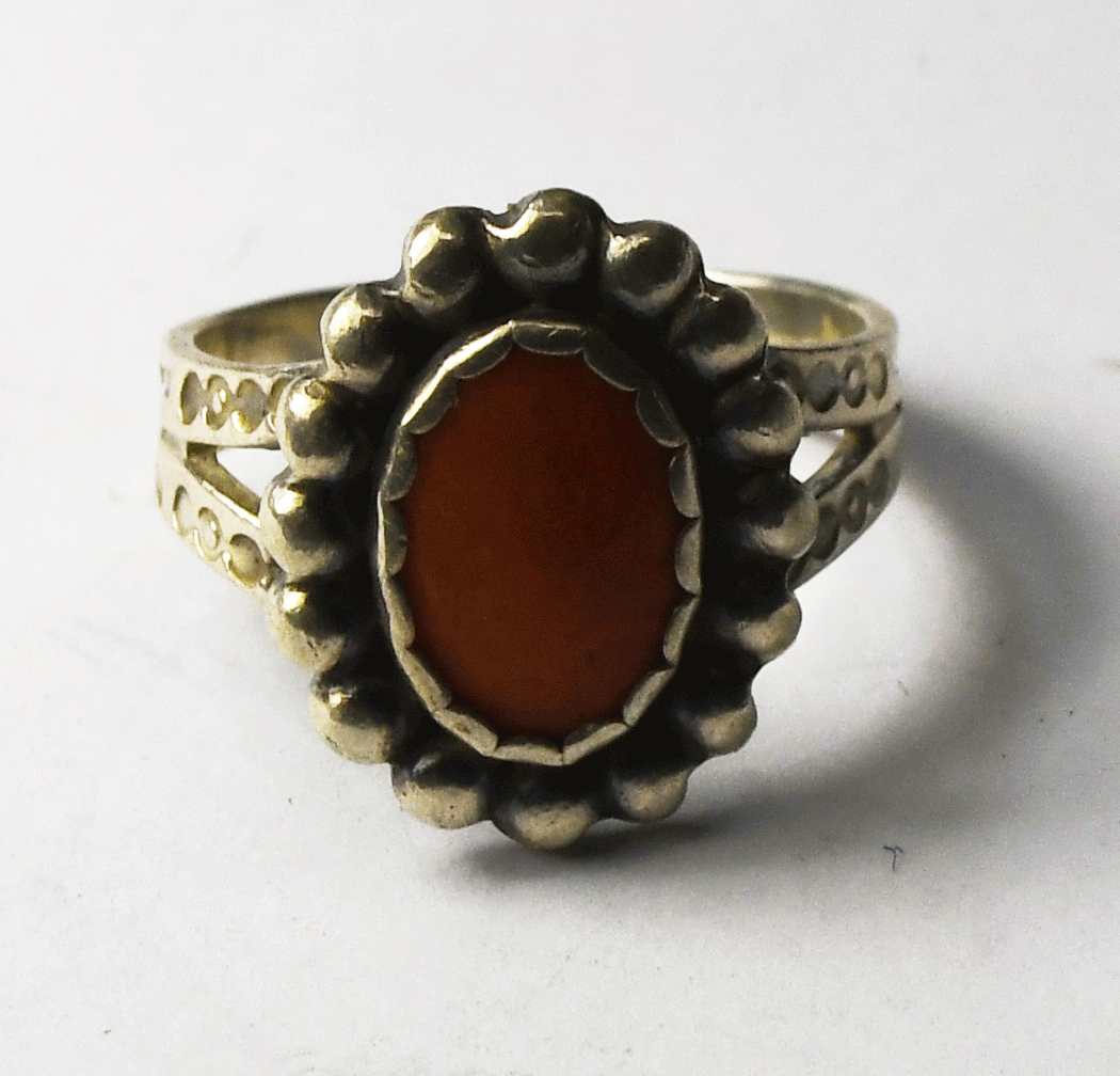 Sterling Silver Antique Coral Harvey Era Ring 16mm Size 6