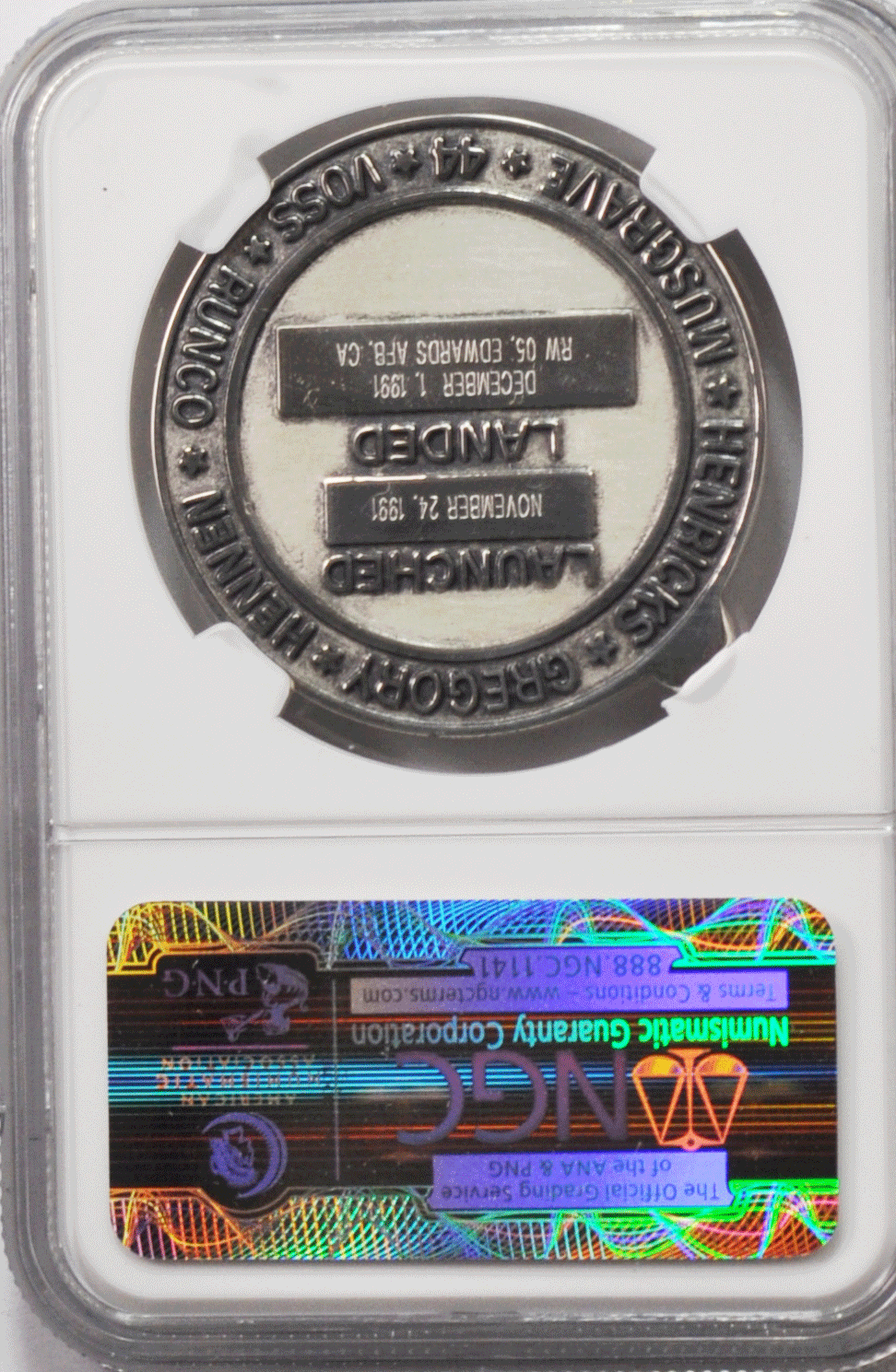 1991 STS-44 Robbins Space Silver Medal Unflown #126 NGC MS66 Atlantis DOD