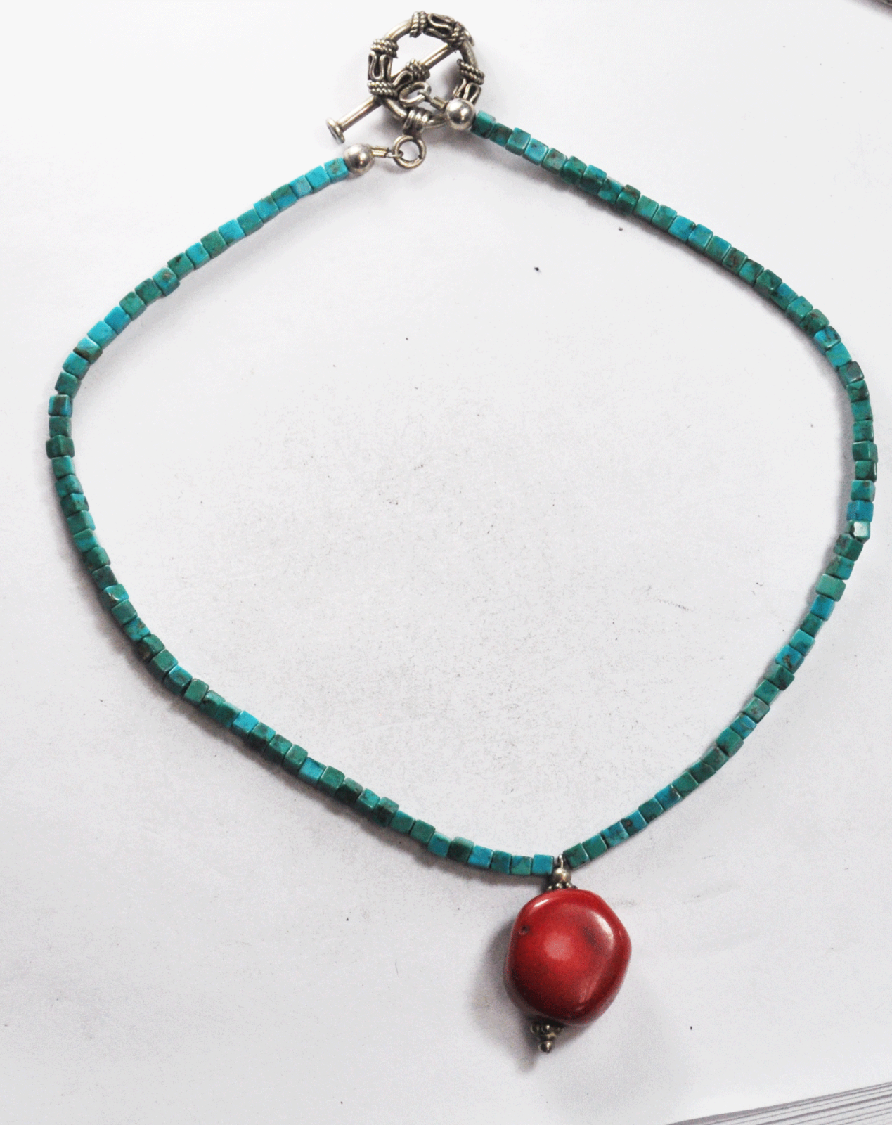 Sterling Silver 3mm Square Turquoise Bead 30mm Coral Pendant Toggle Necklace 15"